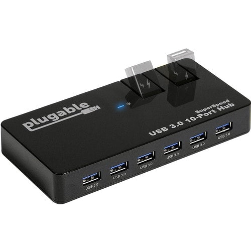 Concentrador USB enchufable de 10 puertos USB 3.0 de 5 Gbps con adaptador de corriente de 48 W y dos puertos abatibles