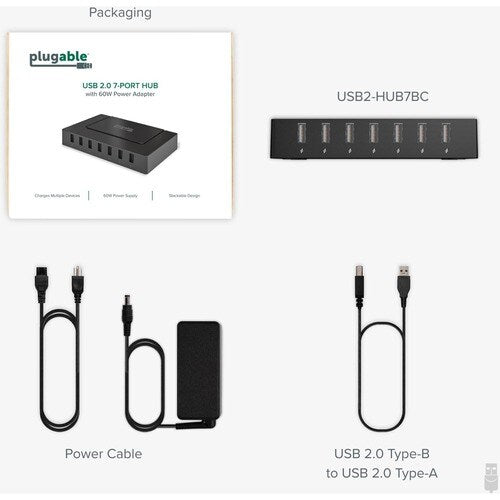 Plugable USB 2.0 7-Port High Speed Charging Hub with 60W Power Adapter. - USB 2.0 Type A