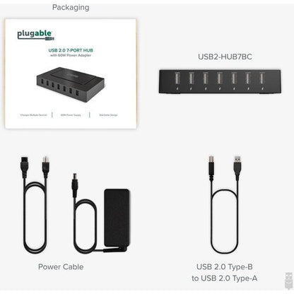 Plugable USB 2.0 7-Port High Speed Charging Hub with 60W Power Adapter. - USB 2.0 Type A