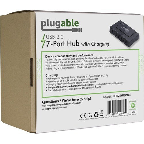 Plugable USB 2.0 7-Port High Speed Charging Hub with 60W Power Adapter. - USB 2.0 Type A