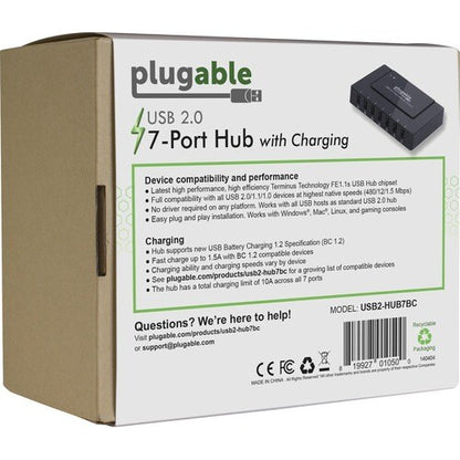 Plugable USB 2.0 7-Port High Speed Charging Hub with 60W Power Adapter. - USB 2.0 Type A