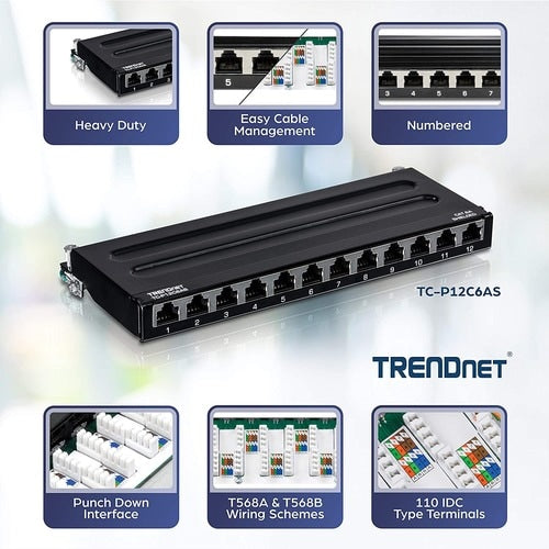 TRENDnet 12-Port Cat6A Shielded Patch Panel, 10G Ready, Cat5e,Cat6,Cat6A Compatible, Metal