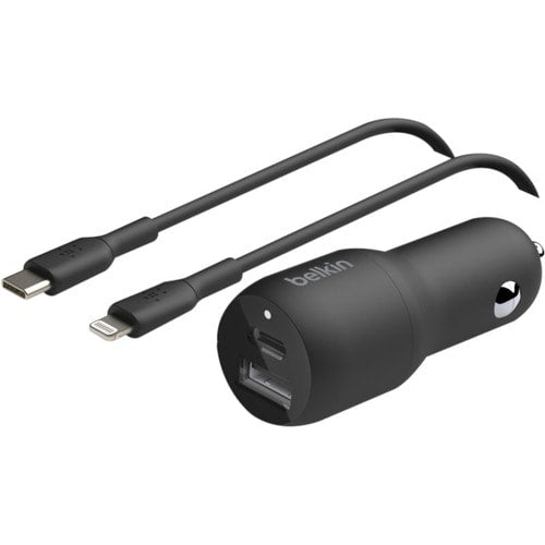 Cargador doble para coche Belkin BoostCharge con PPS de 37 W + cable USB-C con conector Lightning
