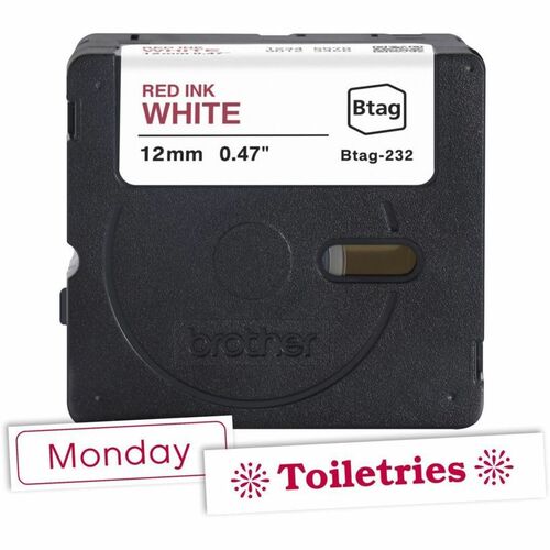 Brother P-touch BTAG-232 Red on White Label Tape - 15/32\" (12 mm) Width x 13 1/