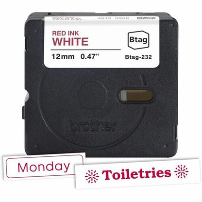 Brother P-touch BTAG-232 Red on White Label Tape - 15/32\" (12 mm) Width x 13 1/