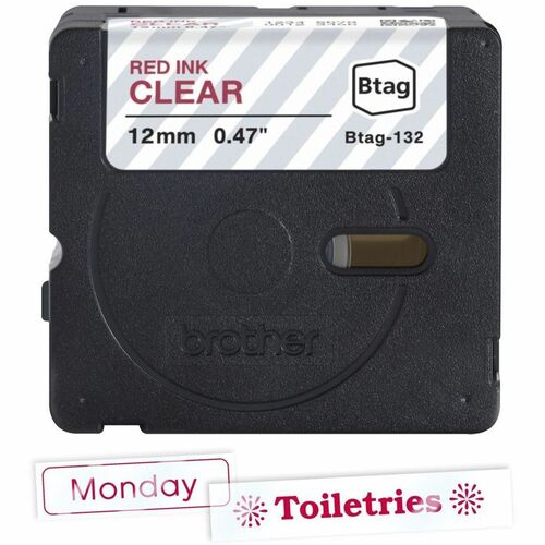 Brother P-touch BTAG-132 Red on Clear Label Tape - 15/32\" (12 mm) Width x 13 1/