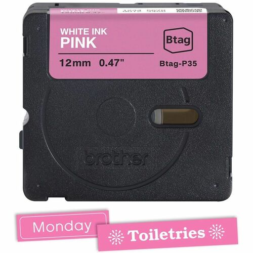 Brother P-touch BTAG-P35 White on Pink Label Tape - 15/32\" (12 mm) Width x 13 1
