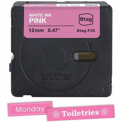 Brother P-touch BTAG-P35 White on Pink Label Tape - 15/32\" (12 mm) Width x 13 1