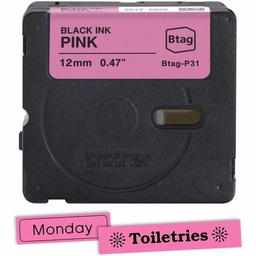 Brother P-touch BTAG-P31 Black on Pink Label Tape - 15/32\" (12 mm) Width x 13 1