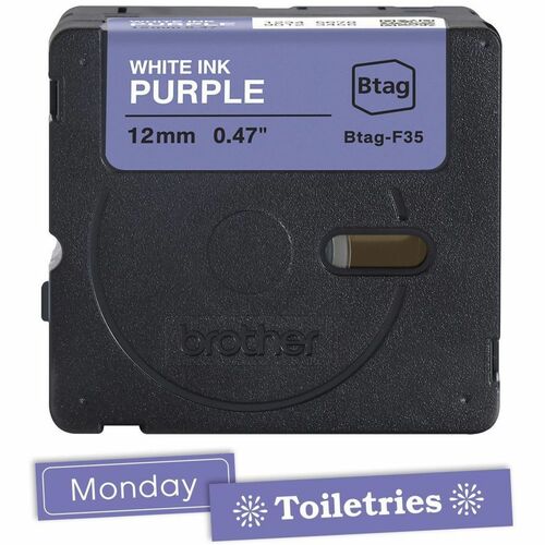 Brother P-touch BTAG-F35 White on Purple Label Tape - 15/32\" (12 mm) Width x 13