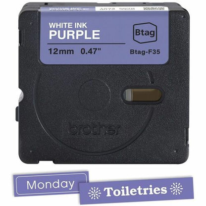 Brother P-touch BTAG-F35 White on Purple Label Tape - 15/32\" (12 mm) Width x 13