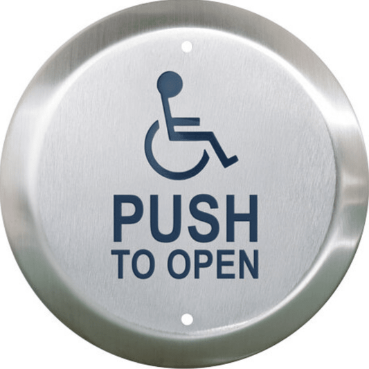 Camden 6 " Round Push Plate Switch, WHEELCHAIR/PUSH OPEN, Blue, Weatherproofing (CM-60/4-WT)