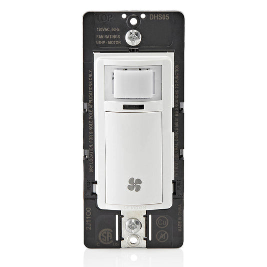 Sensor de humedad de pared e interruptor de control de ventilador Leviton Decora, blanco (DHS05-1LW)