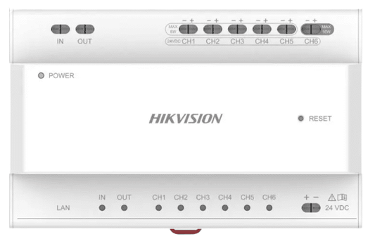 Distributeur IP Hikvision 2 fils, rail DIN, 24 V CC (DS-KAD706Y-P)