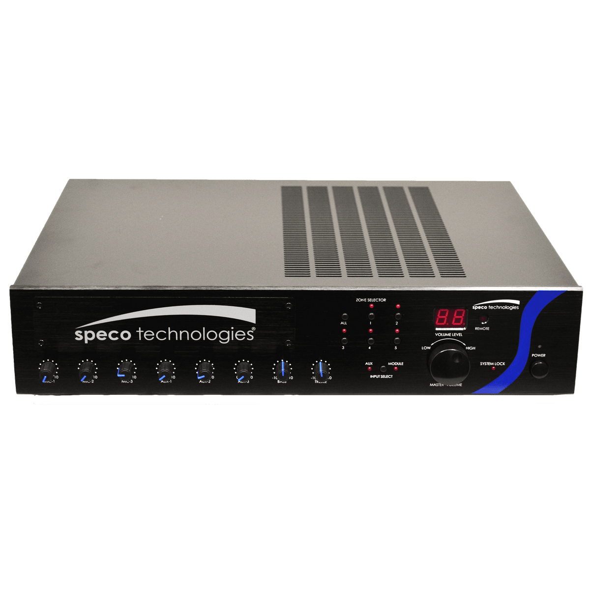 Amplificador mezclador de PA Speco de 240 W con compartimento para módulos (SPE-PBM240A)