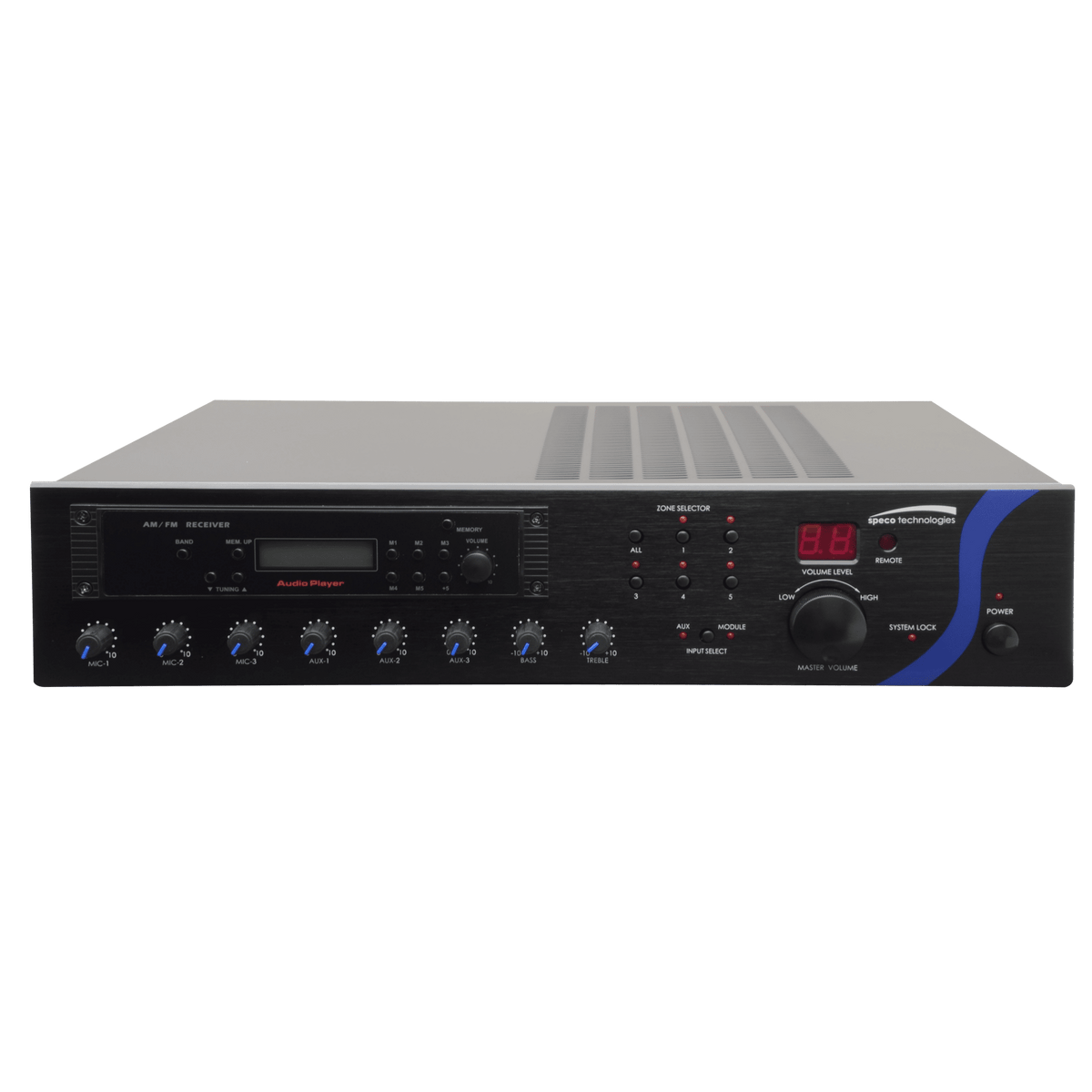 Amplificador mezclador de PA Speco de 240 W con módulo sintonizador (SPE-PBM240AT)