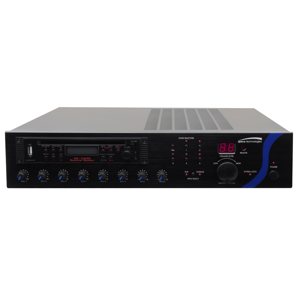 Amplificador mezclador PA Speco de 60 W con USB, sintonizador y CD (SPE-PBM60AU)