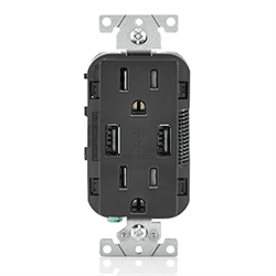 Leviton Decora Tamper Resistant Receptacle 125V 15A, 2 USB Charging Ports, Black (T5632-E)