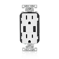 Leviton Decora Tamper Resistant Receptacle 125V 15A, 2 USB Charging Ports, White (T5632-W)