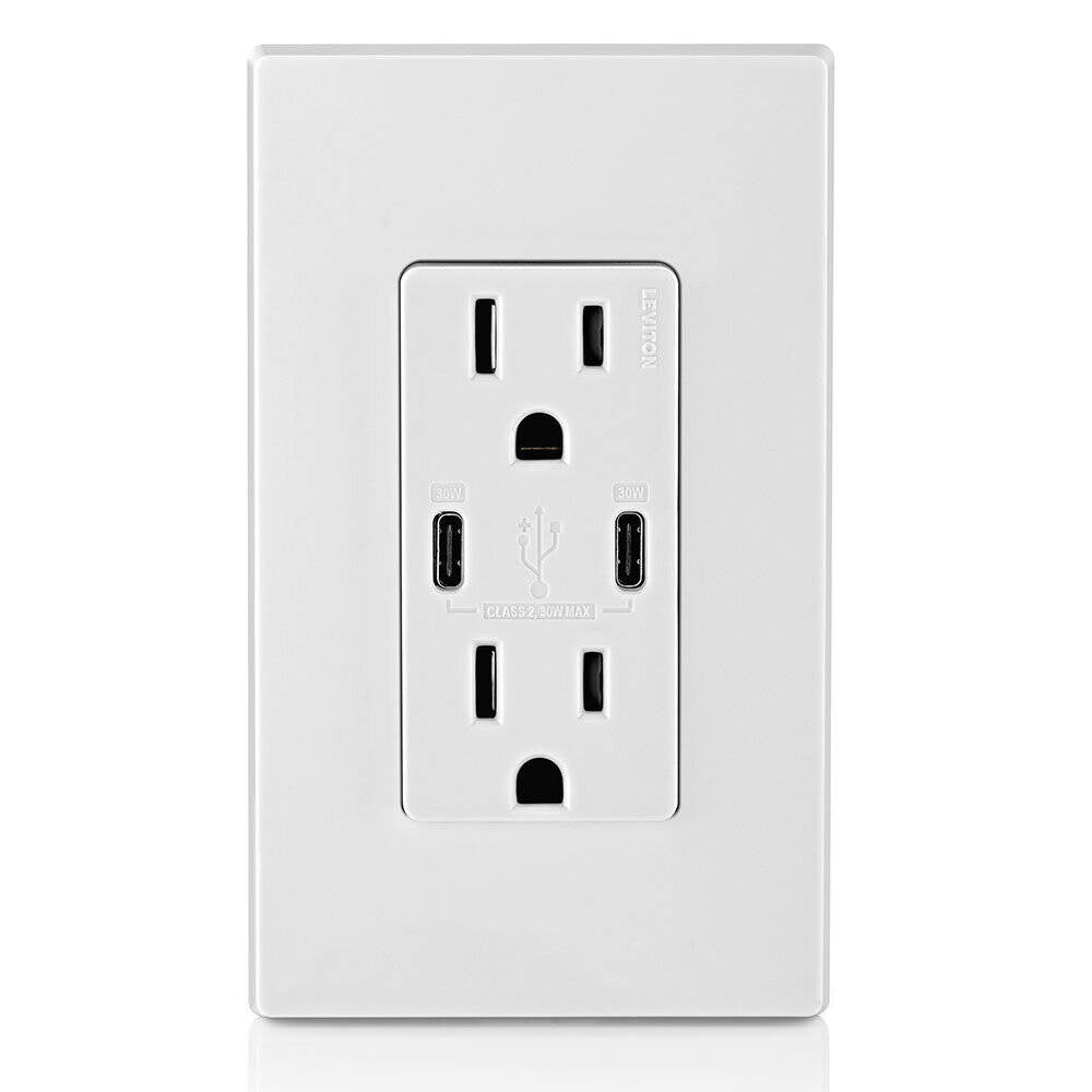 Prise murale Leviton 120 V 15 A avec 2 ports de charge USB Type-C PD, blanc (T5635-W)