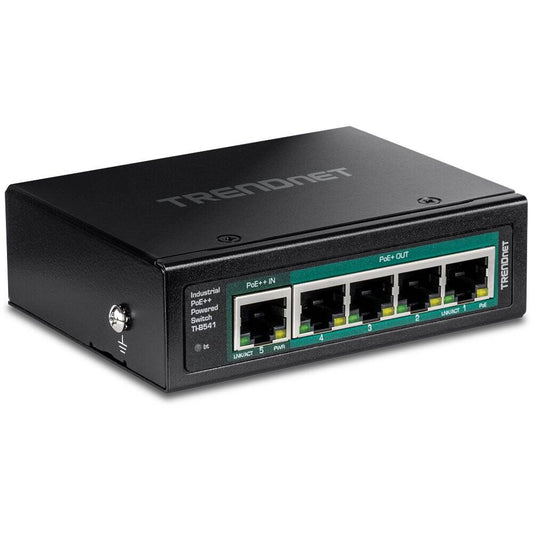 Conmutador industrial TRENDnet de 5 puertos Gigabit PoE++ con alimentación DIN-Rail y 4 puertos PoE+ (TI-B541)