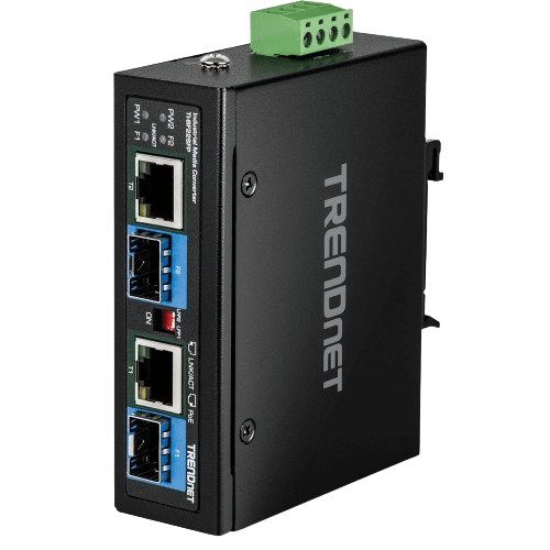 Convertidor de medios TRENDnet de 2 puertos SFP industrial a Gigabit PoE++ (TI-BF22SFP)