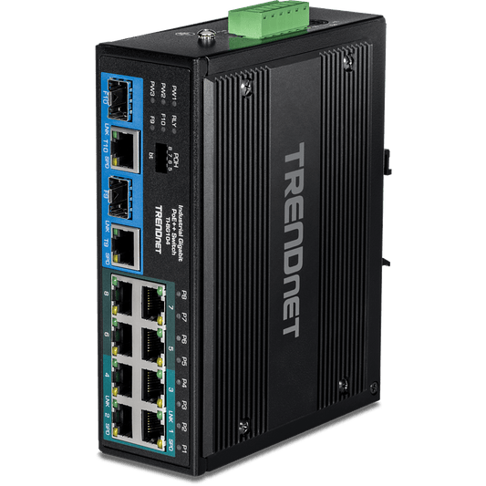 Conmutador industrial Gigabit PoE++ DIN-Rail de 10 puertos TRENDnet (TI-BG104)
