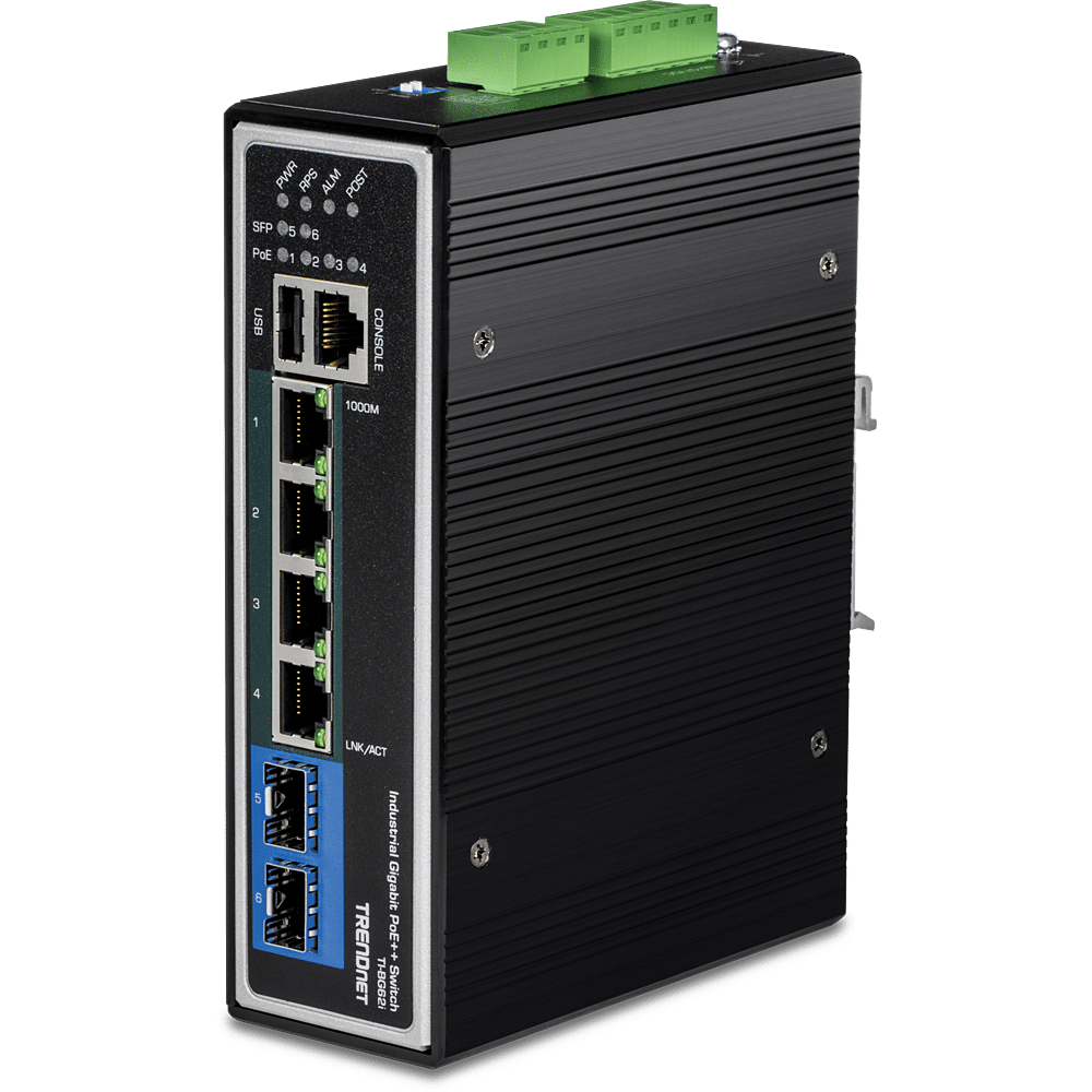 Conmutador DIN-Rail PoE++ gestionado L2+ Gigabit industrial de 6 puertos TRENDnet (TI-BG62I)