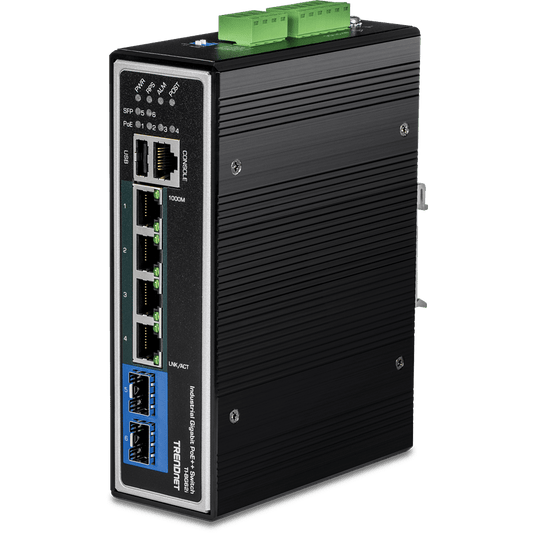 Conmutador DIN-Rail PoE++ gestionado L2+ Gigabit industrial de 6 puertos TRENDnet (TI-BG62I)