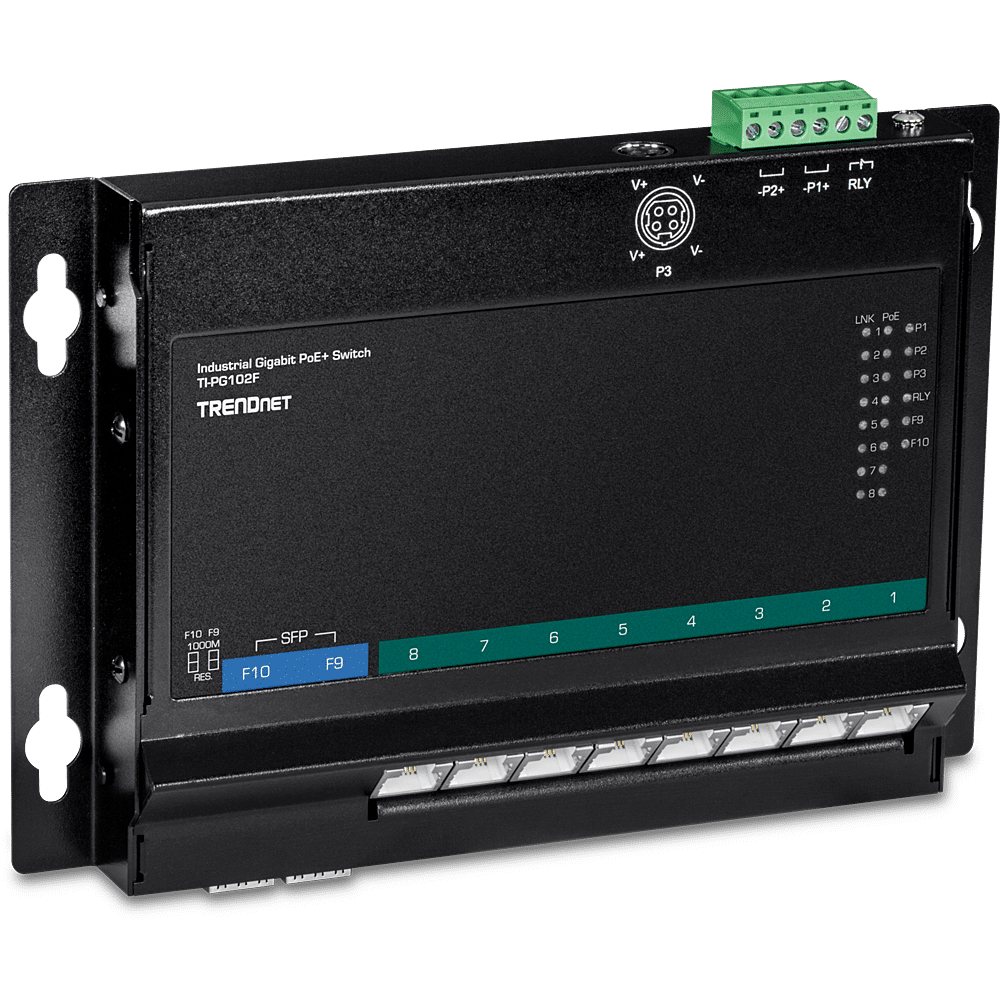 TRENDnet 10-Port Industrial Gigabit PoE+ Wall-Mount Front Access Switch (TI-PG102F)