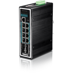Conmutador de carril DIN gestionado LYR 2+ Gigabit PoE+ industrial reforzado de 12 puertos TRENDnet (TI-PG1284I)