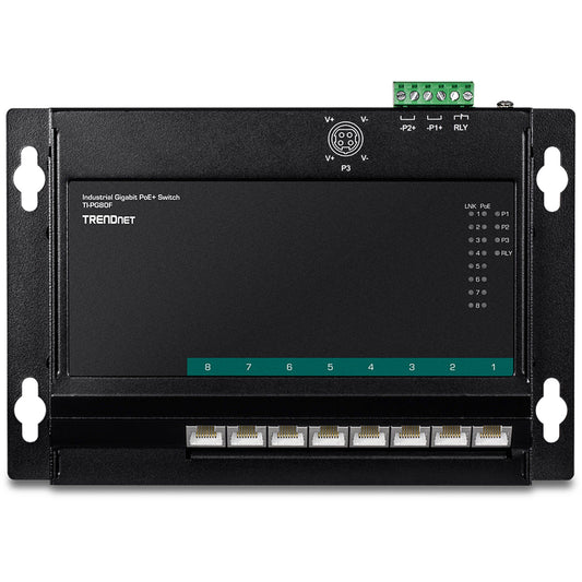 Conmutador de acceso frontal industrial Gigabit PoE+ de 8 puertos TRENDnet para montaje en pared (TI-PG80F)
