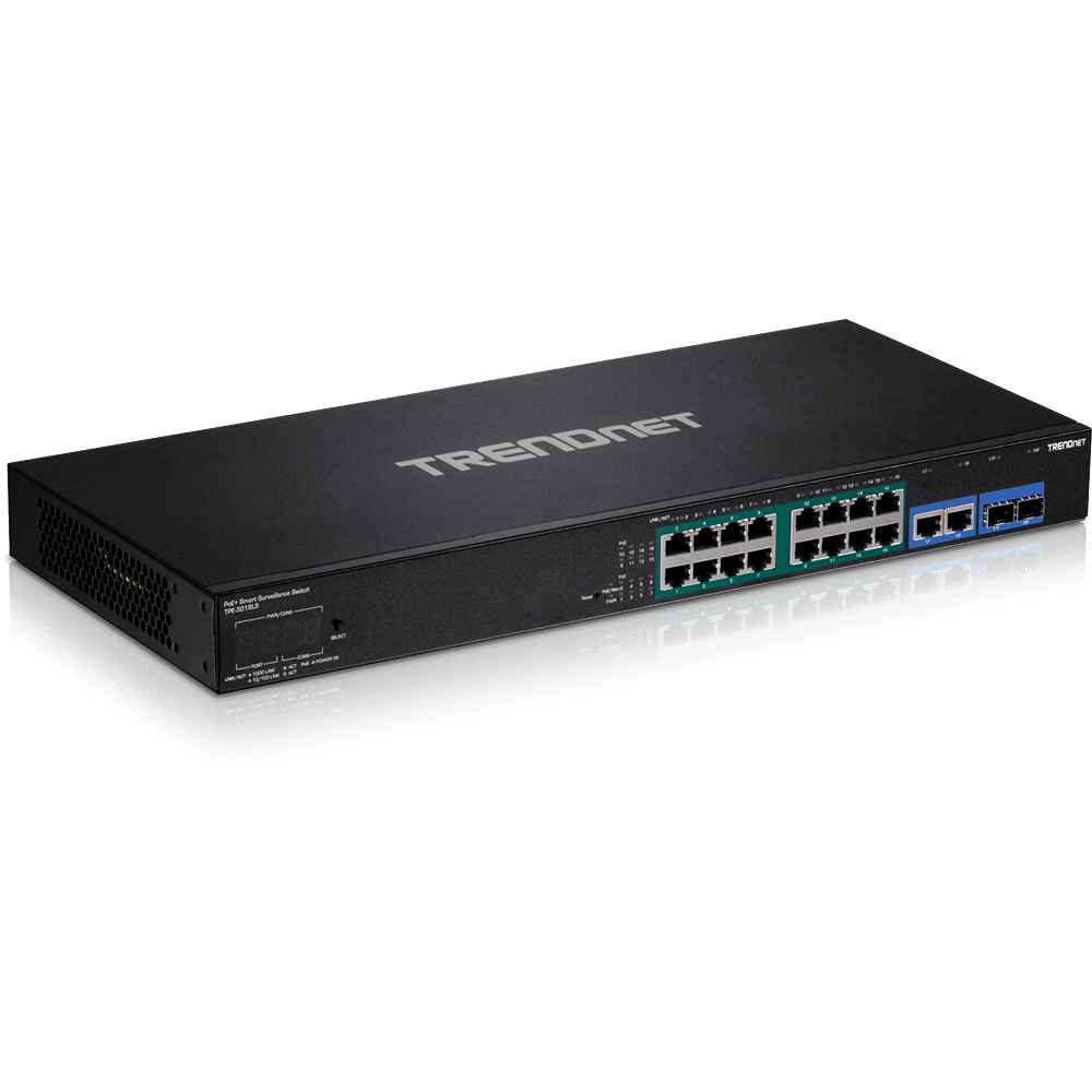Switch de vigilancia inteligente TRENDnet de 18 puertos Gigabit PoE+, PoE extendido (TPE-3018LS)