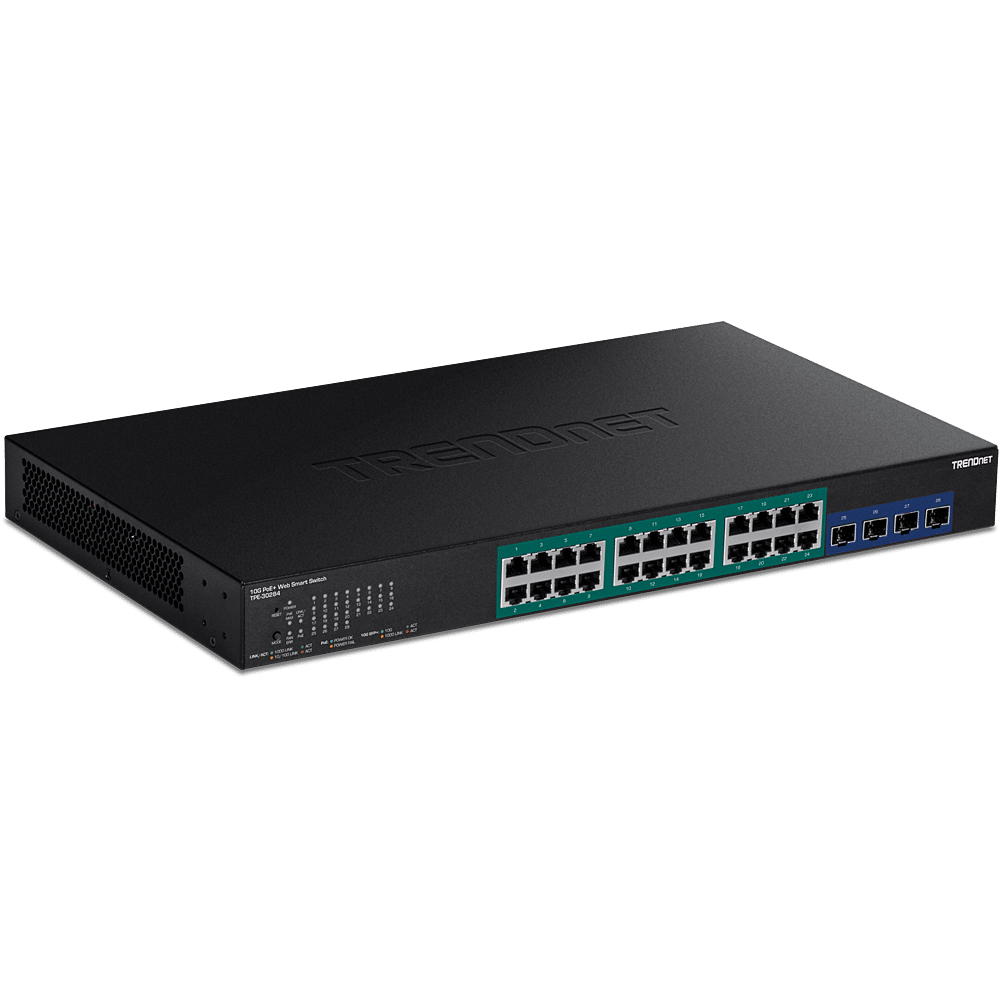 Conmutador TRENDNet Gigabit Web Smart PoE+ de 28 puertos con ranuras SFP+ de 10 G, HIVE (TPE-30284)