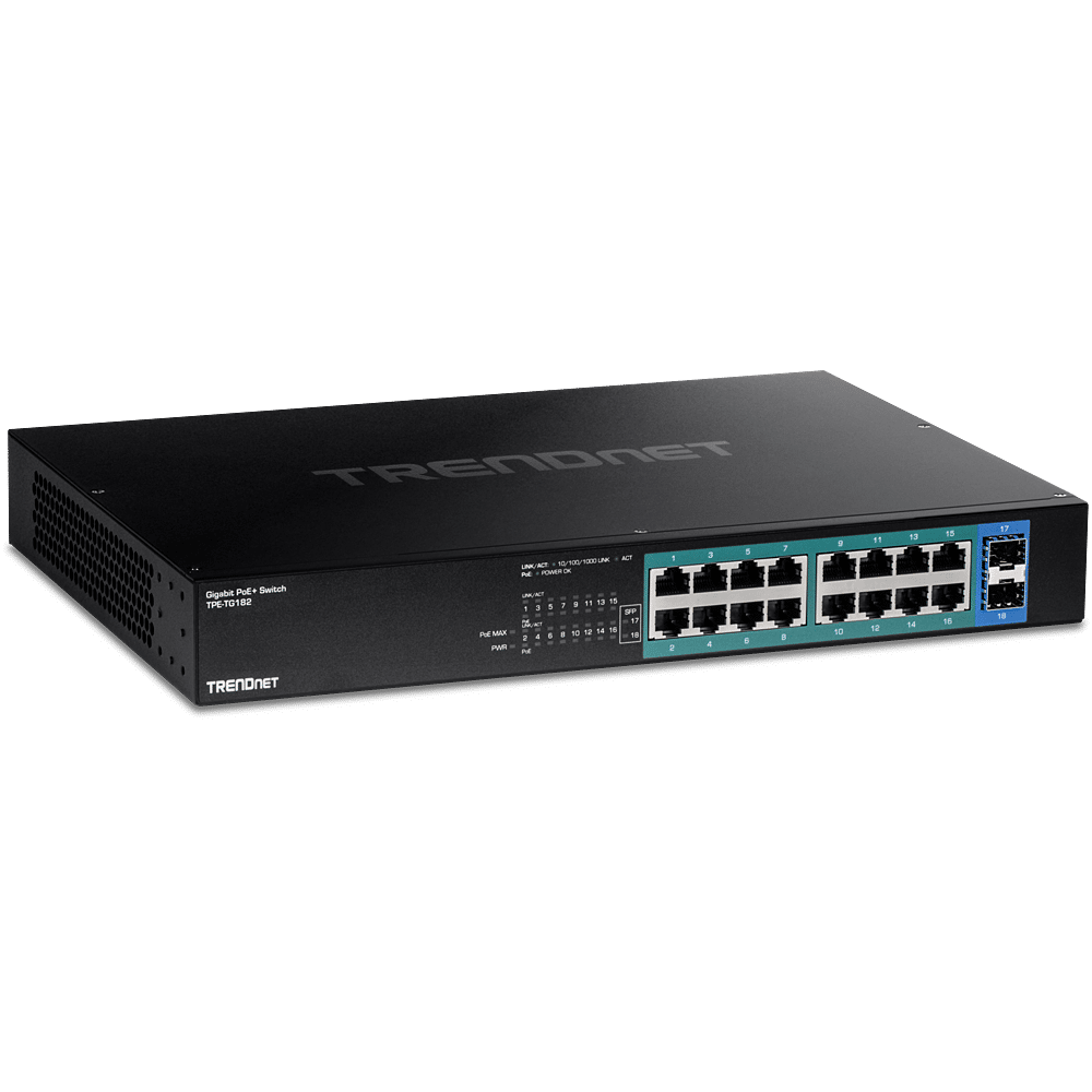 Conmutador TRENDnet Gigabit PoE+ de 18 puertos (240 W) (TPE-TG182)