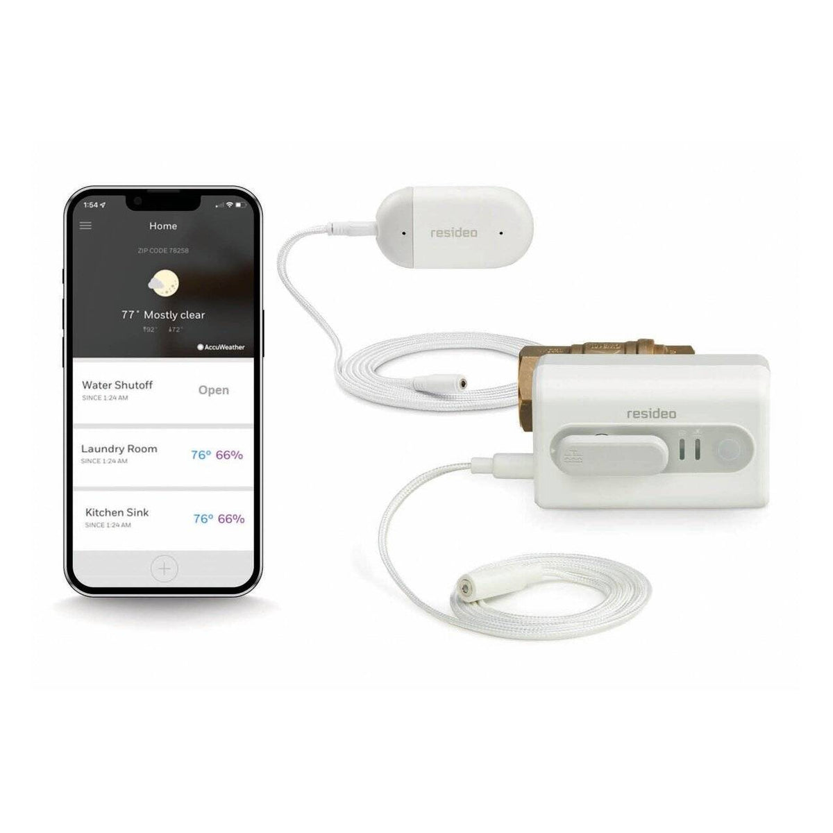 Válvula de cierre de agua Resideo con wifi de 1 pulgada NPT y sensor de fugas de agua con wifi (VWS01Y-1)